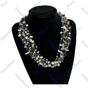 BOHO Multi Strand Polished Stone Beaded Necklace Black Gray Silver 8" Drop